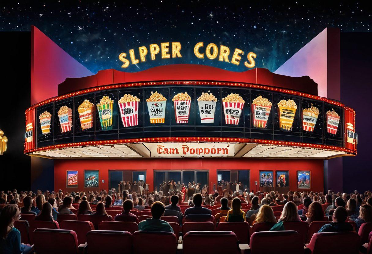 A cinematic scene featuring a large movie theater marquee displaying titles of recent box office hits, surrounded by excited moviegoers holding popcorn and tickets. In the foreground, a film reel unspools brightly colored film strips adorned with iconic movie characters and dramatic scenes. Dark night sky with twinkling stars above, creating an inviting atmosphere. Imaginative blend of realism and artistic flair, evoking a sense of excitement for film lovers. super-realistic. vibrant colors.