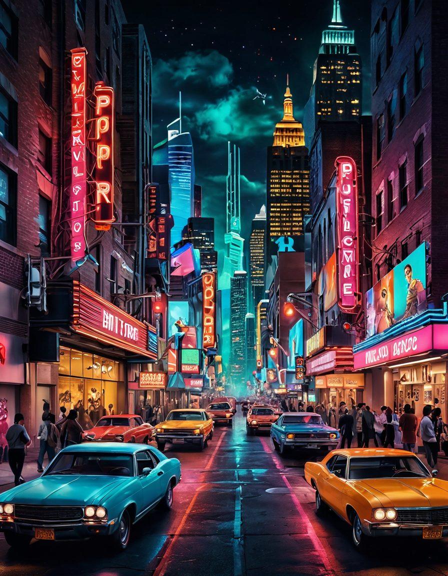A dynamic collage of iconic movie scenes blending into an urban landscape, featuring vibrant neon lights and diverse characters representing different genres. Include film reels, popcorn, and social media icons to signify the pulse of pop culture. Emphasize a lively atmosphere to evoke excitement about current and upcoming trends. super-realistic. vibrant colors. 3D.