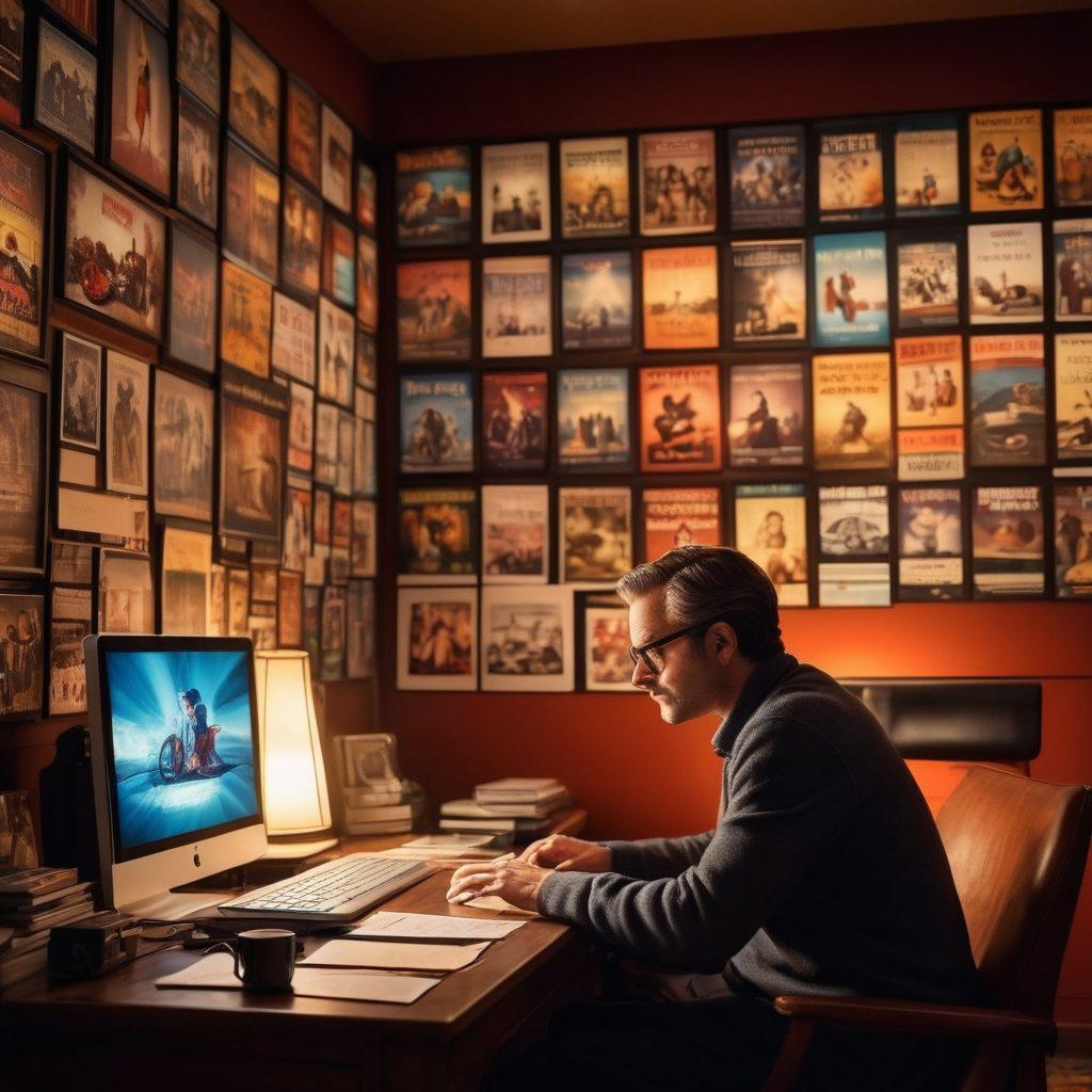 A cinematic scene featuring a film critic immersed in a cozy, dimly-lit room filled with vintage movie posters, surrounded by an array of film reels and a glowing laptop. The critic, a middle-aged man with glasses, passionately types while a large screen in the background displays a classic movie scene. Soft lighting casts warm tones, enhancing the atmosphere of creativity and insight into the world of cinema. super-realistic. vibrant colors. cozy atmosphere.